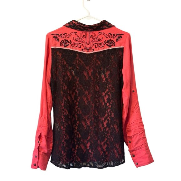 ROAR‎ Western Embroidered Rhinestone Pearl Snap Shirt Roll Tab Sleeves M Country - Picture 2 of 16